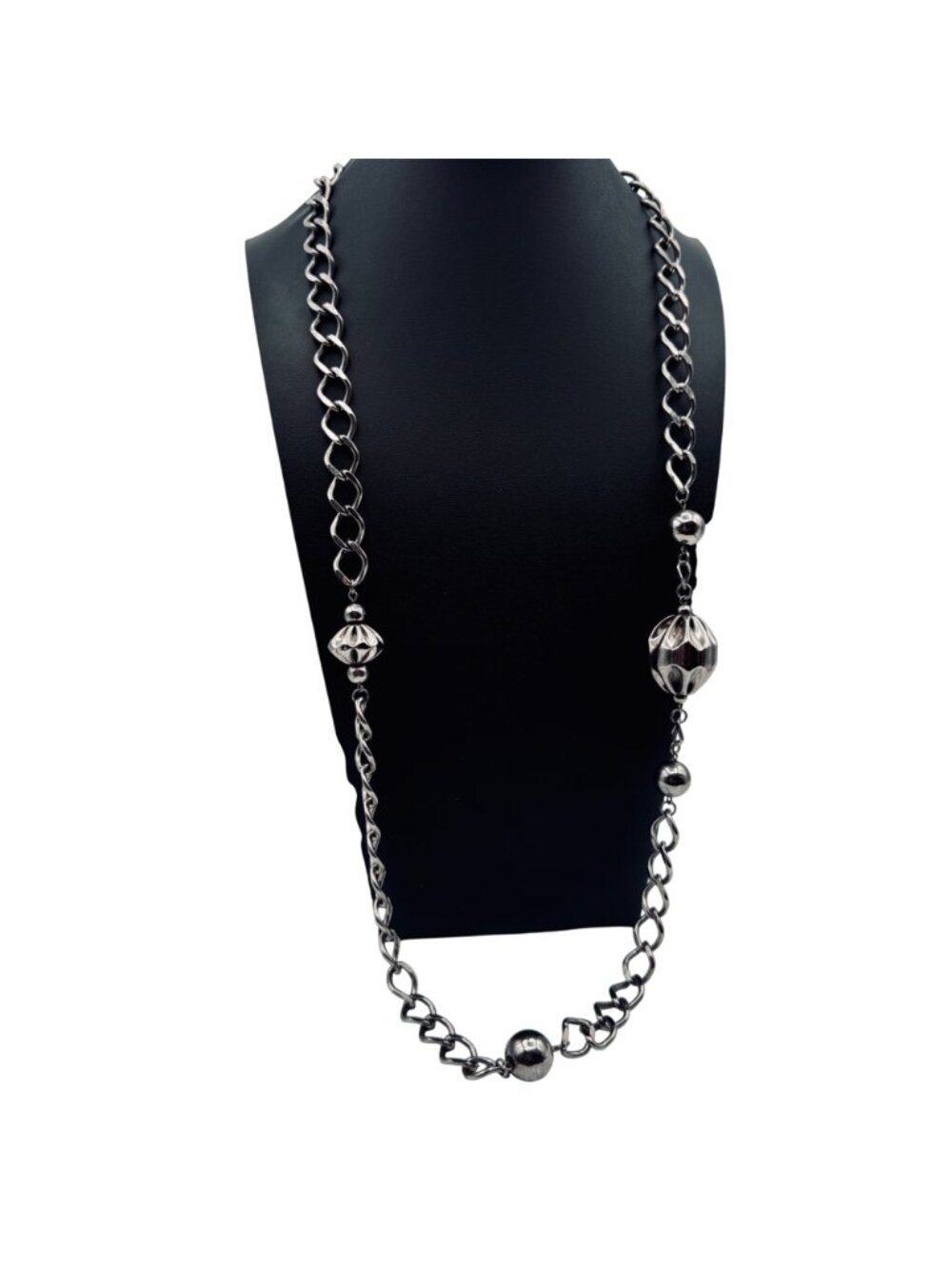 Vintage Chunky Metal Necklace Mid-Century Brutalist Silver Tone Beads Chain 32" - Picture 2 of 10